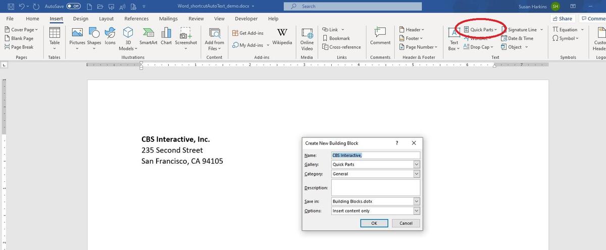 where are quick parts saved in word for mac